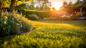 un lozano verde césped con un flor jardín en el antecedentes foto