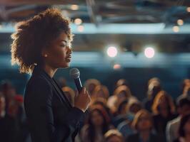 A woman stands on stage with a microphone in front of a crowd of people photo