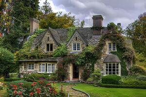 A house with a green roof and ivy growing on it photo