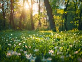 A field of flowers is in full bloom, with the sun shining brightly on the grass photo