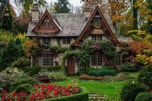 A large house with a garden in front of it photo