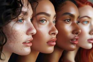 Four women with different skin tones and hair styles are shown in a row photo