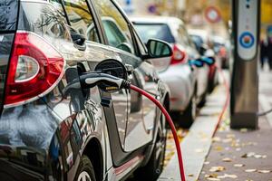 A black car is plugged into a charging station photo