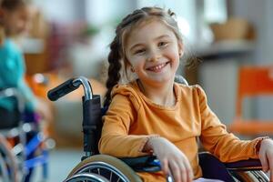 A young girl in a wheelchair is smiling and posing for a picture photo