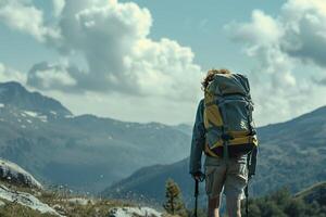 A man is walking in the woods with a backpack and a hat photo