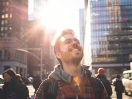 A happy young caucasian man looking up at the sky alone in a busy city, sun shining photo
