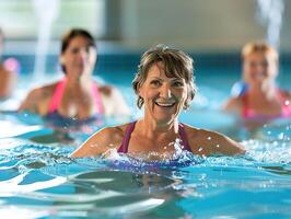 Active mature women enjoying aqua gym class in a pool photo