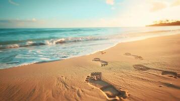 A beach with a body of water and a few footprints in the sand photo