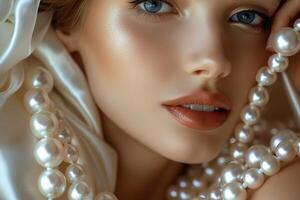 A woman is wearing a necklace with pearls and has her head tilted photo