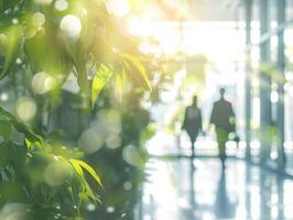 A couple walking in a hallway with a tree in the background photo