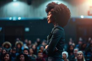 A woman stands in front of a crowd, looking confident and poised photo