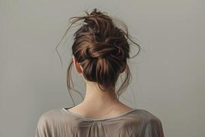 Back view of a girl head with hair in a messy bun hairstyle and simple top photo