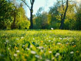A lush green field with a few trees in the background photo