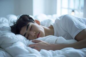 Asian man 20 yo in a white clothes laying down on white bed with white blanket, happily sleeping photo