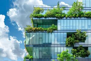 Architecture image with a modern glass building with a lot of green plants trees and bushes for business architecture environmental friendly and eco-concept photo