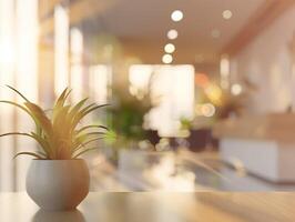 A potted plant sits on a table in a room with a lot of natural light photo