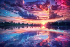 An image of a vibrant sunset over a serene lake, with colorful reflections photo