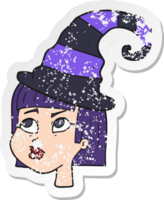 retro distressed sticker of a cartoon witch drawing png