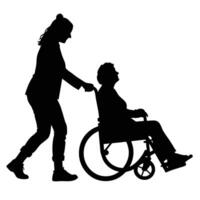 Silhouette depicting a senior in a wheelchair being assisted by an assistant in a caring manner vector