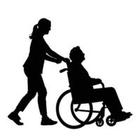 Silhouette depicting a senior in a wheelchair being assisted by an assistant in a caring manner vector