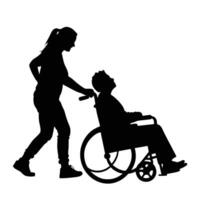 Silhouette depicting a senior in a wheelchair being assisted by an assistant in a caring manner vector