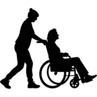Silhouette depicting a senior in a wheelchair being assisted by an assistant in a caring manner vector