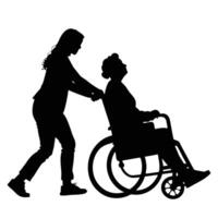 Silhouette depicting a senior in a wheelchair being assisted by an assistant in a caring manner vector