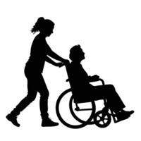 Silhouette depicting a senior in a wheelchair being assisted by an assistant in a caring manner vector