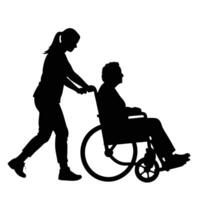 Silhouette depicting a senior in a wheelchair being assisted by an assistant in a caring manner vector