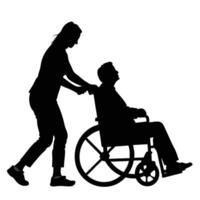 Silhouette depicting a senior in a wheelchair being assisted by an assistant in a caring manner vector