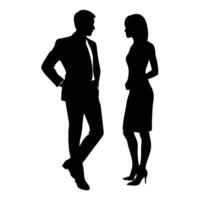 Man and woman standing and talking silhouette white background vector