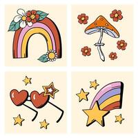 Groovy summer prints design set Square hippie posters collection with florals and nature clip art vector