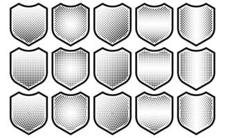 Halftone shield icon set, safety badge dotted symbol, protection defense armor halftone pattern vector