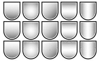 Halftone shield icon set, safety badge dotted symbol, protection defense armor halftone pattern vector