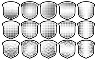 Halftone shield icon set, safety badge dotted symbol, protection defense armor halftone pattern vector