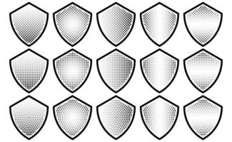 Halftone shield icon set, safety badge dotted symbol, protection defense armor halftone pattern vector