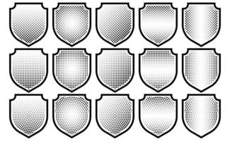 Halftone shield icon set, safety badge dotted symbol, protection defense armor halftone pattern vector