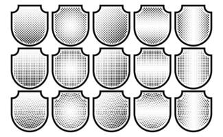 Halftone shield icon set, safety badge dotted symbol, protection defense armor halftone pattern vector