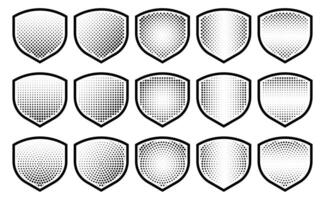 Halftone shield icon set, safety badge dotted symbol, protection defense armor halftone pattern vector