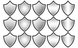 Halftone shield icon set, safety badge dotted symbol, protection defense armor halftone pattern vector