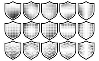 Halftone shield icon set, safety badge dotted symbol, protection defense armor halftone pattern vector