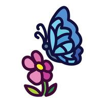Blue butterfly flying towards pink flower colorful icon illustration with outline isolated on square white background. Simple flat cartoon art styled drawing. vector