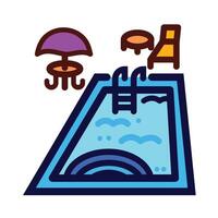 Swimming pool environment with stairs, chair, table, and umbrella colorful icon illustration outlined isolated on square white background. Simple flat cartoon art styled drawing. vector