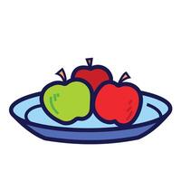 Three apple fruits on plate colorful icon drawing illustration with outline isolated on square white background. Simple flat cartoon art styled drawing. vector