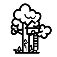 Tree house icon illustration black outlined isolated on square white background. Simple flat black and white monochrome cartoon art styled drawing. vector