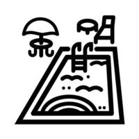 Swimming pool environment with stairs, chair, table, and umbrella icon illustration black outlined isolated on square white background. Simple flat cartoon art styled drawing. vector