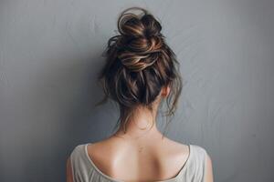 Back view of a girl head with hair in a messy bun hairstyle and simple top photo