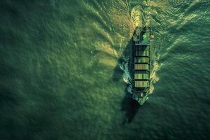Aerial top view of cargo container business ship, global express in the ocean, logistic freight shipping and transportation, container cargo maritime ship photo