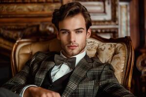 A young handsome man wearing a suit and a bow tie sitting in an armchair and looking at the camera photo