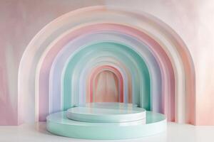 3D Podium stand with pastel color arches scene. Minimalist geometric vacant platform for mock up and presentation. Abstract background for commercial and cosmetic advertising photo
